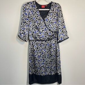 Oscar de la Renta Silk V-Neck Blue Black Polka Dot Faux Wrap Long Sleeve Dress